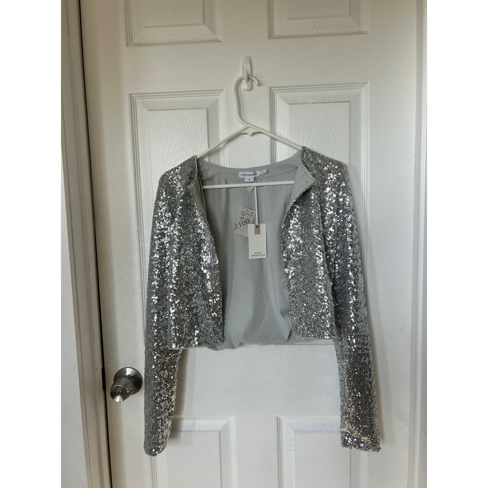 Good American Silver Sequin Cropped Jacket Women's Small NWT Party Glam